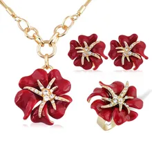 Fashion Wedding Jewelry Sets Hot Sale Gold Plated Rhinestone Enamel Earring/Necklace/Ring Rose Flower Jewelry Set For Woman