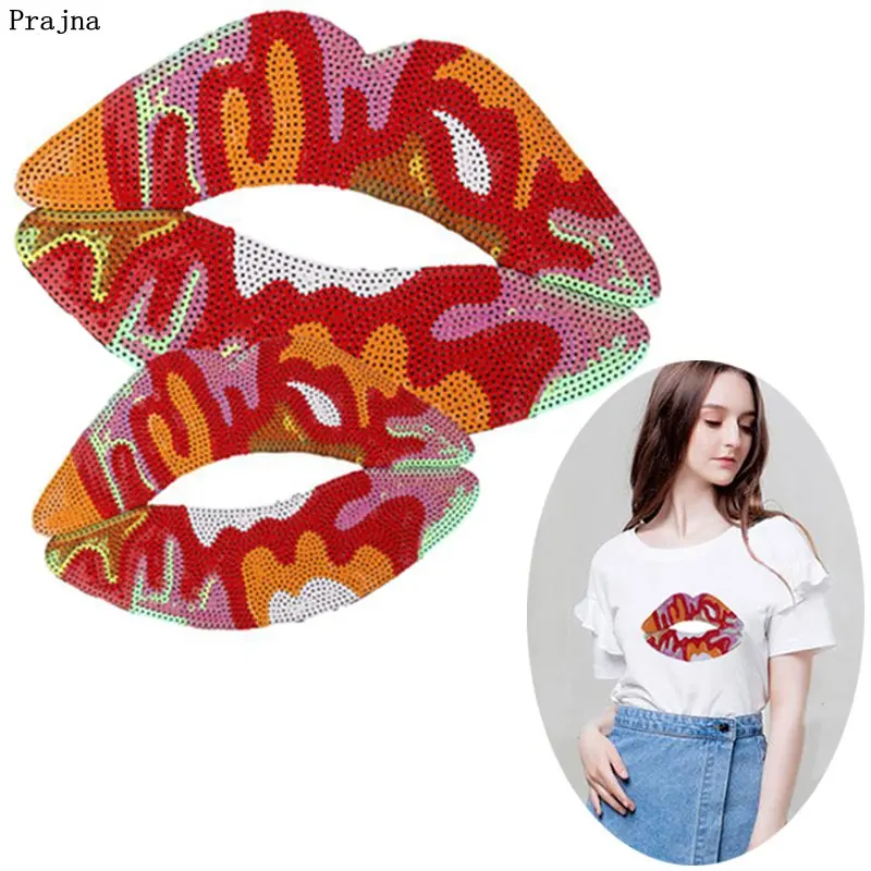 

Prajna Big Red Lip Sequined Patches Colorful Mouth Sticker Iron On Patch Decorated For Clothing T-shirts Jackets Accessories DIY