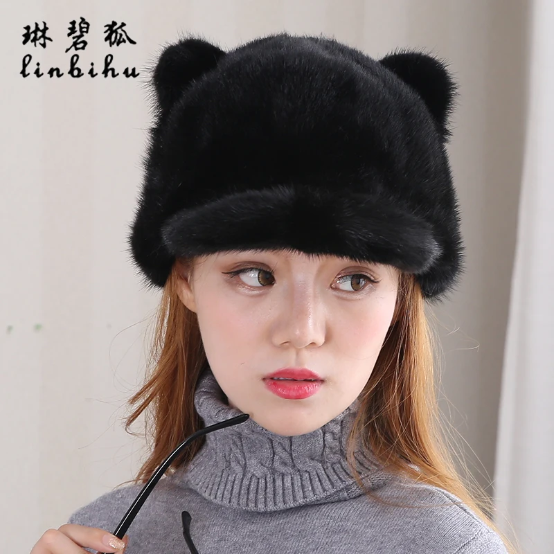 New 100 Real Mink Fur Caps Visors with Cat Ear&Tail Cute Mink Fur Hats
