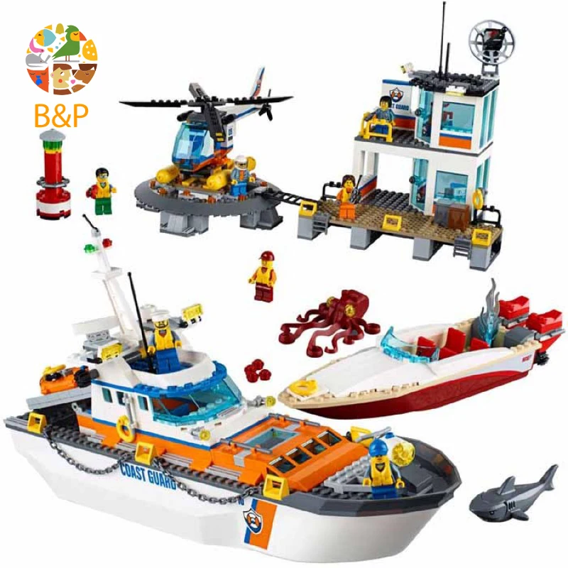 

Legoing 60167 854pcs CITY Series Coast Guard Head Quarters Ship Helicopter Boat Building Blocks Toys For Children 02081