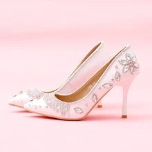 2016 White Pointed Toe Wedding Shoes High Heels Genuine Leather Bride Pumps Women Silver Rhinestone Bridal Party Prom Shoes