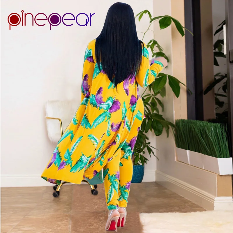 PinePear Fashion Women Leaf Print OL Pant Suits 2019 New Winter X-Long Coat Office Lady Business Formal Party 3 Three Piece Set