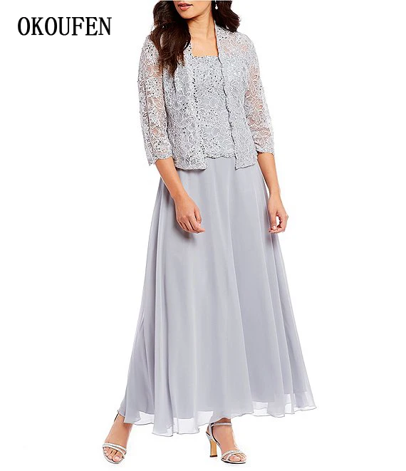 

Plus Size Mother of the Bride/Groom Dresses for Wedding 2019 with Jacket Ankle Length Silver Chiffon vestido de madrinha farsali