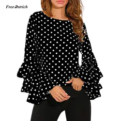 Бесплатная Страусиная одежда женская футболка модная женская футболка с рукавом-колокольчиком Свободная рубашка в горошек Женская