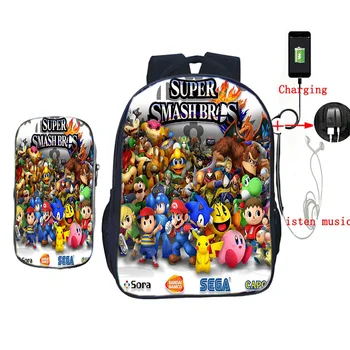 

Super Mario Smash Bros 2 Pcs/set USB Charging School Bags Cosmetic Pencil Case Children Women Men Travel Shouler Backpack