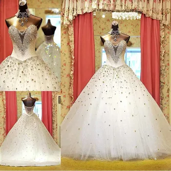 شراءحار بيع الكرة ثوب زفاف فاخر فساتين 2019 مخصص الثقيلة بلورات الدانتيل فساتين زفاف Vestido دي Noiva IZ408
