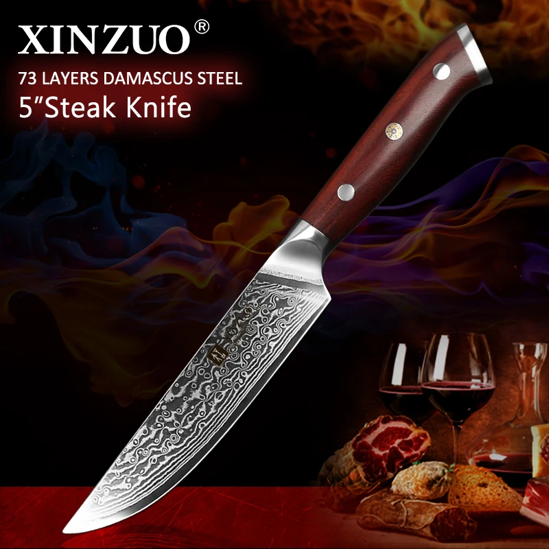 Günstige XINZUO 5   zoll Steak Messer Hohe Carbon Japanses Damaskus Edelstahl mit Palisander Griff Überlegene Qualität BBQ Küche Werkzeug