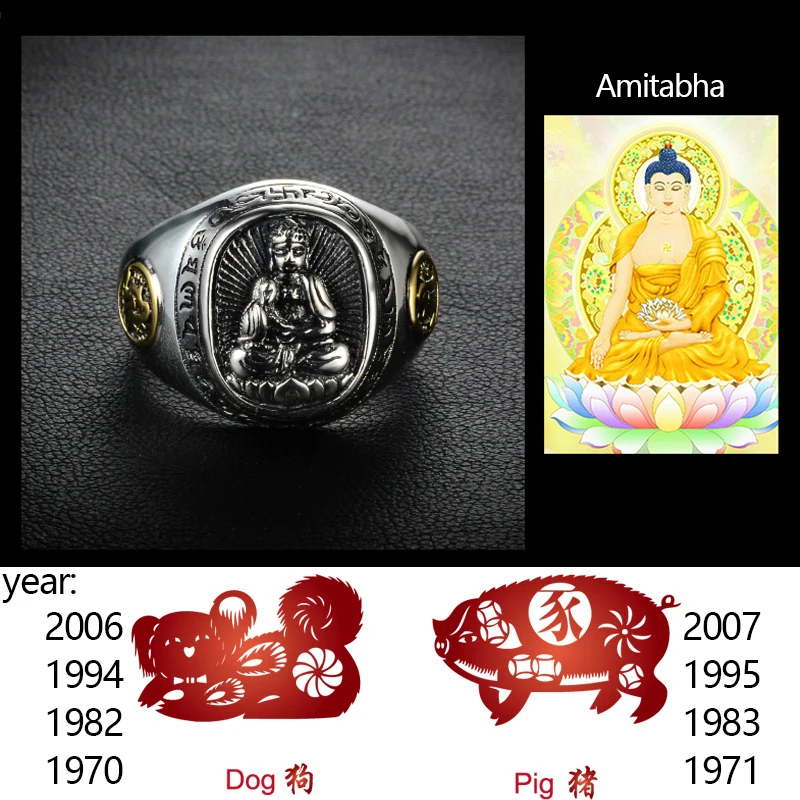 ZABRA Buddha Real 925 Silver Rings For Women Men Chinese Zodiac Patron Saint Vintage Mens Signet Ring Adjustable Biker Jewelry