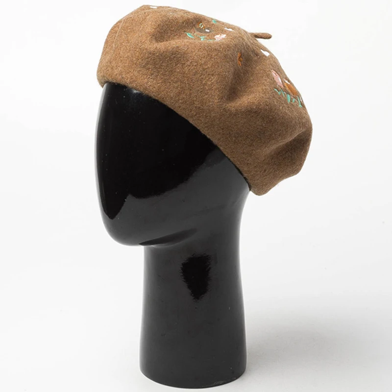 

Birds Floral Embroidery Wool Berets Women Casual Funny Felt Painter Hat White Black Grey Coffee Colors Berets