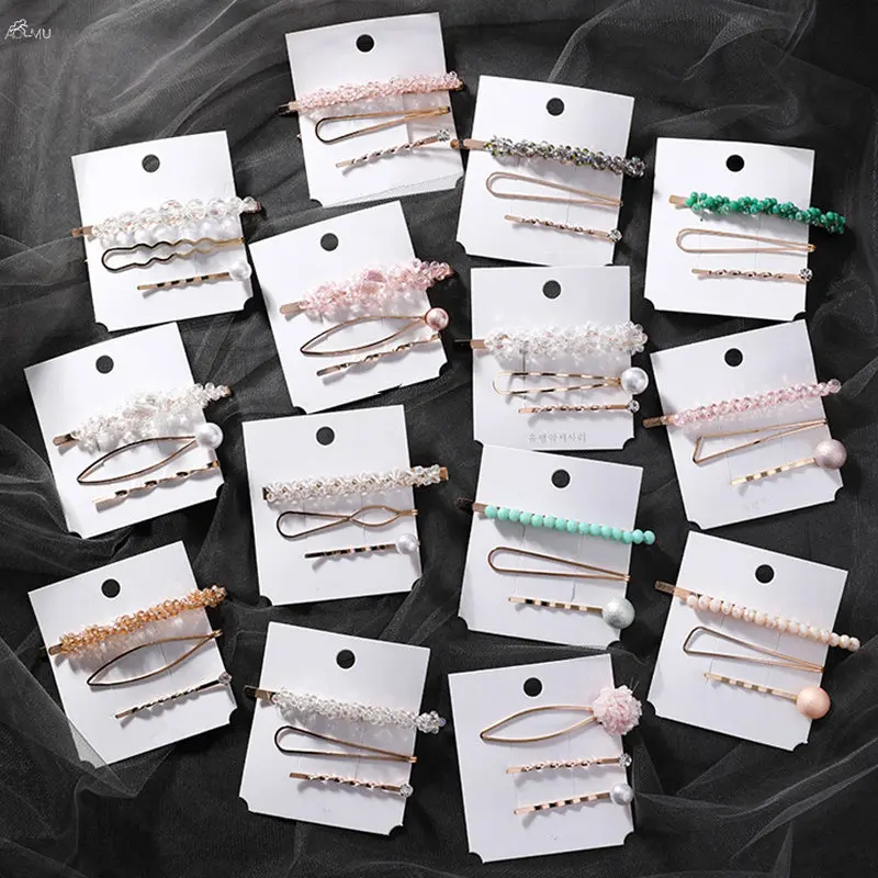 

AOMU 1SET Korea Imitiation Pearl Hairpins Crystal Flower Beads Hair Clips for Women Hairgrip Metal Gold Color Hair Accessories