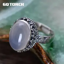 GQTORCH 925 Sterling Silver Natural Gemstone Rings For Women White Chalcedony Vintage Flower carved Fine Jewelry