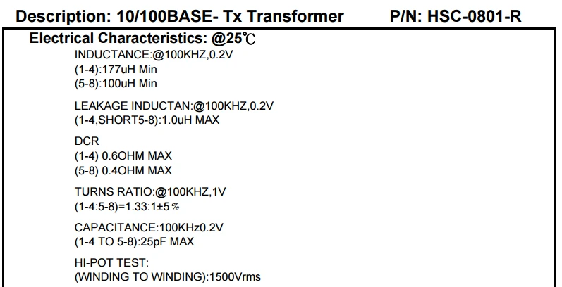 HSC-0801-R SMD audio pulse network transformer with POE isolation filter 100UH 2_