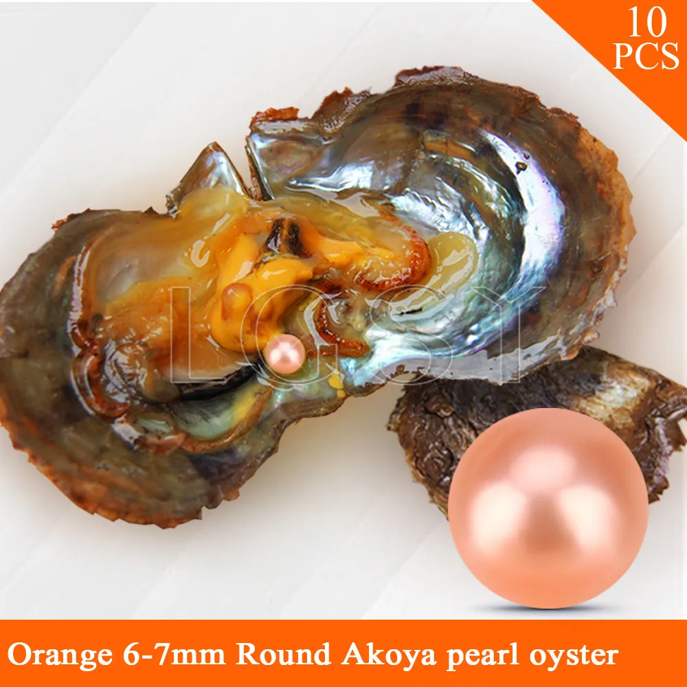 

LGSY FREE SHIPPING Orange bead 6-7mm round Akoya pearls in oysters with vacuum package for women jewelry making 10pcs