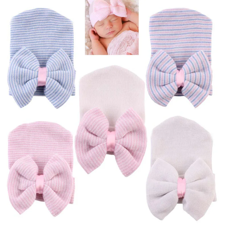 

Baby Girl Newborn Beanie Hospital Cute Infant Hats Cotton Beanie With Bow Soft Knit Bonnet Striped Cap Baby Toddler Accessories