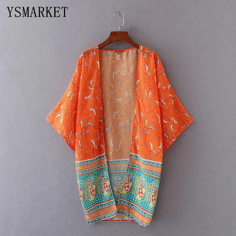 Summer New Orange Printed Loose Fit Beach Dress Cover Up Chiffon Shirt
