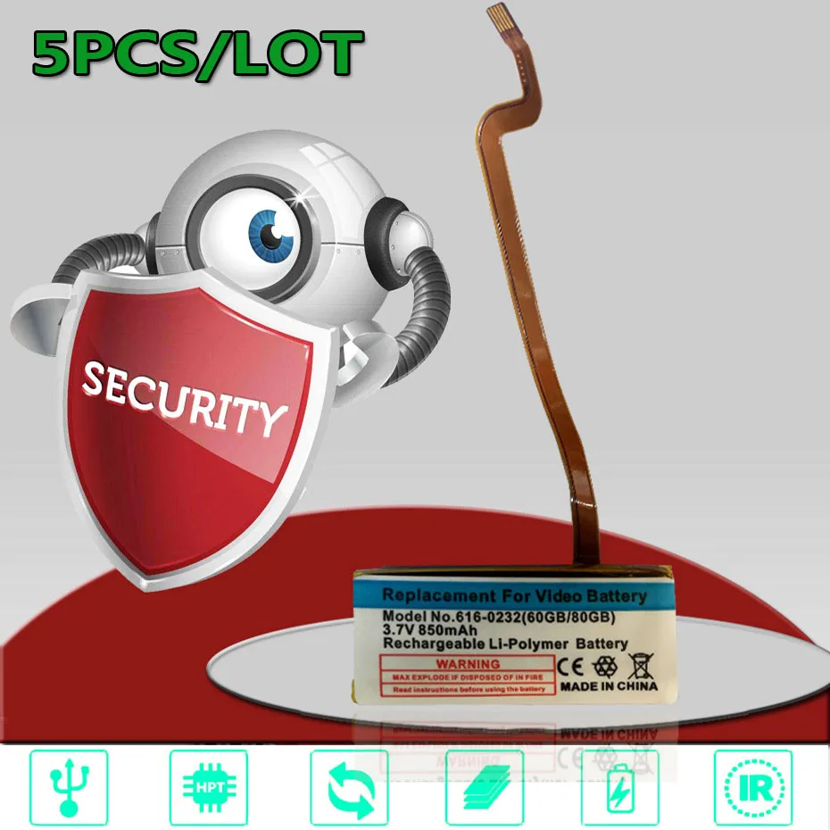 5 Pz/Lotto 850Mah 616-0232 Batteria Per Ipod Classic 6Th Gen 80Gb 30Gb 60Gb A1036 A1136 Mb145 Mb150 160Gb Mp4 Akku