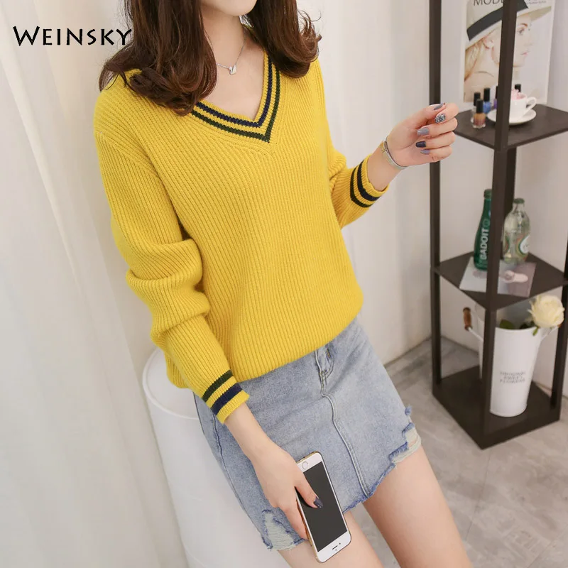 

Women Knitted Sweater And Pullovers Korean Fashion Style V-Neck Sweaters Autumn And Winter 2019 New Wool Yellow Sweater