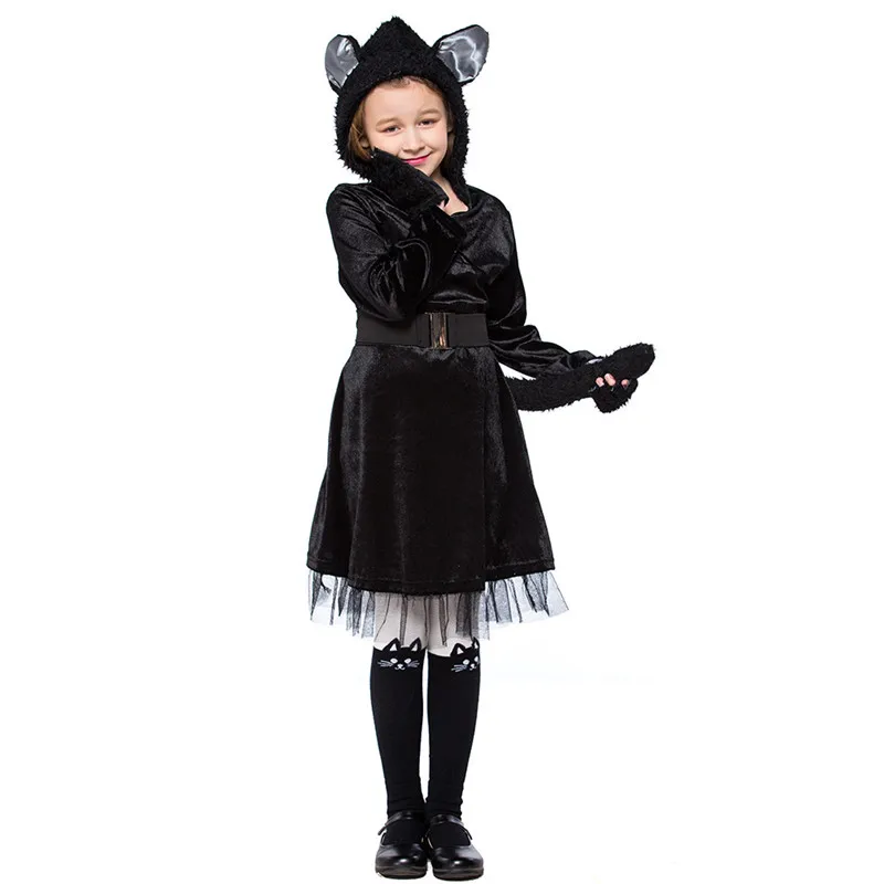 Костюм медведя на Хэллоуин для девочек; детская зимняя Пижама с изображением черного кота; Детские карнавальные вечерние пижамы; платье для сцены