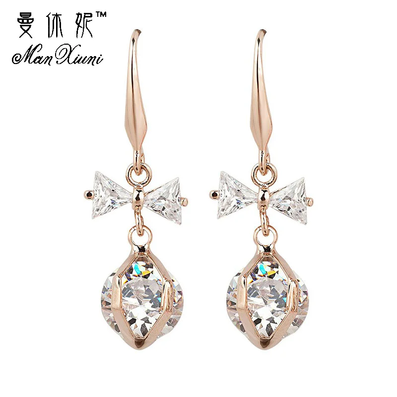 

Fashion Jewelry Dangle Earrings Gold Color Cubic zirconia Drop Earring Pendientes Lovely Bow For Women Costume jewelery earring