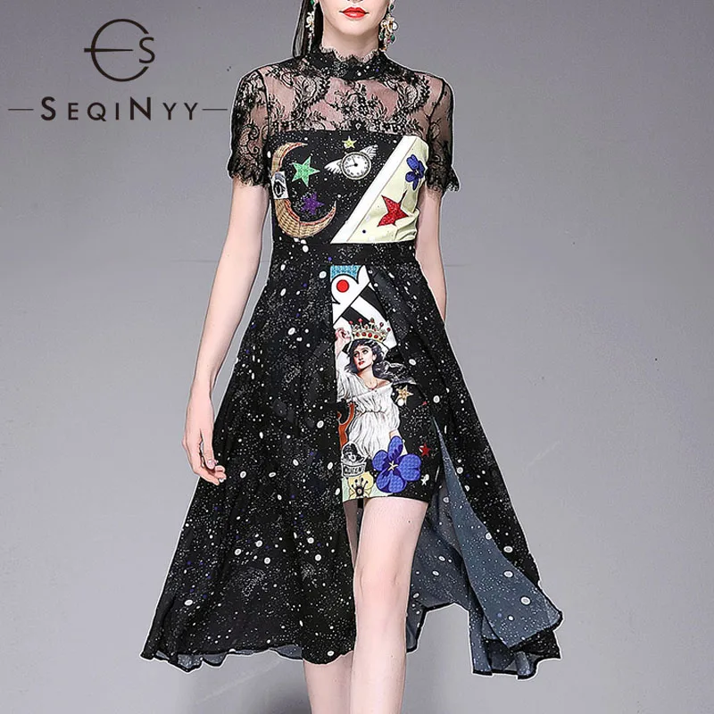 

SEQINYY Fashion Dress 2019 Summer New Fashion Design Short Sleeve Lace Knee Cartoon Printed Chiffon Dress Women