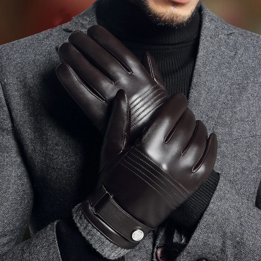 2019 натуральная кожа перчатки мужские винтажные наручные пряжки овчины перчатки Осень Зима теплые водительские перчатки сенсорные
