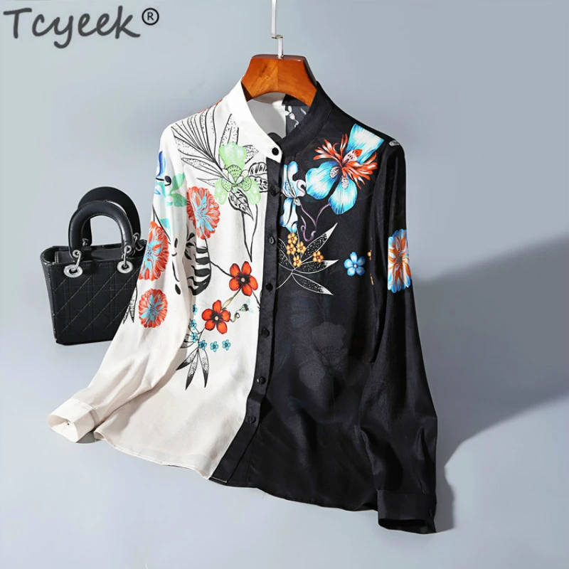 

Tcyeek Natural Silk Women Blouses Long Sleeve Shirts Ladies Tops Spring Steeetwear Clothes Print Elegant Blusas 2019 LWL1633