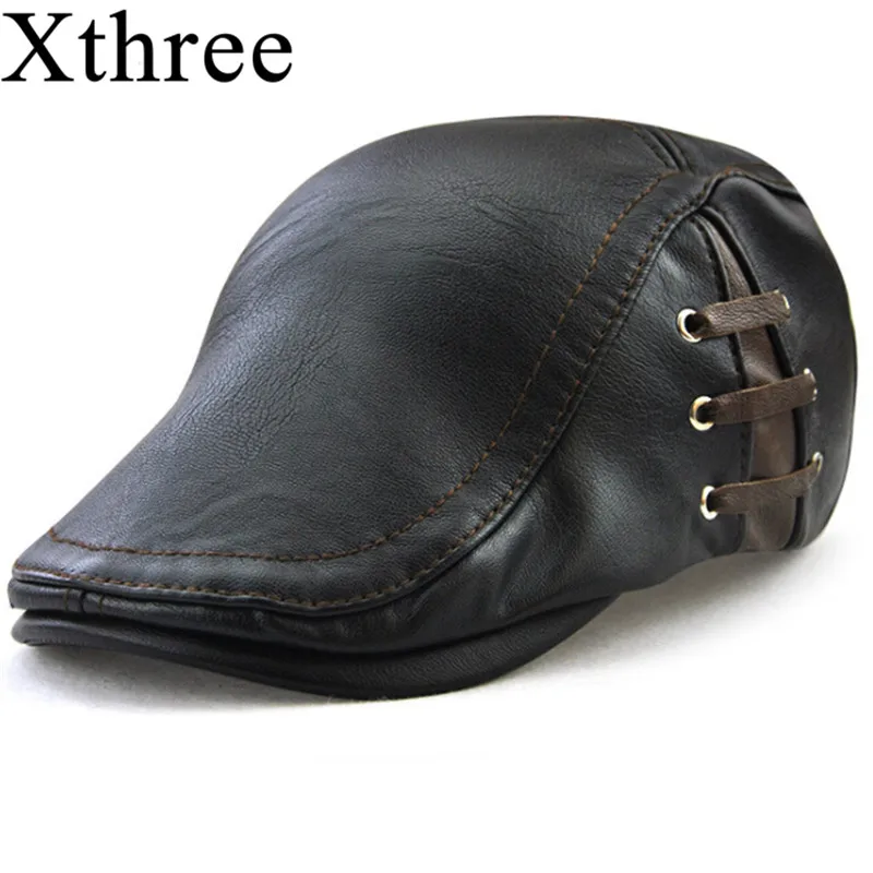 

Xthree Fashion Faux Leather Beret hat casquette cap Hats for Men Visors Sun hat Gorras Planas Flat Caps PU