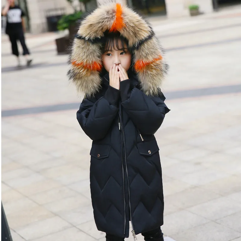 

-30 Degree Children Winter Down Jacket 4-12Year Girls Winter Coat Long Thick Multicolour Fur Real Collar Kids Snowsuits Winter