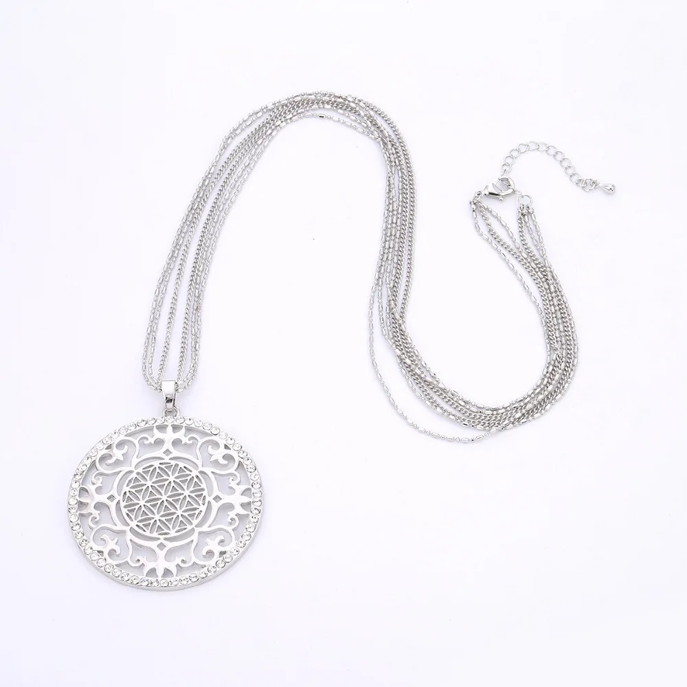 Цветок жизни ожерелье для йоги Священная Геометрия Бохо ювелирные изделия полый круглый кристалл кулон длинное ожерелье свитер цепь