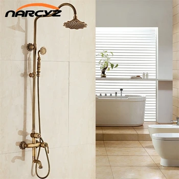 

Deluxe Carving Retro Style Solid Brass Antique Bathroom Shower Set Faucet Wall Mounted Dual Handle Rainfall Shower Mixer XT339