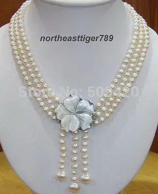 

Free Shipping Exquisite 3 Rows White Pearl Shell Flower Clasp Necklace