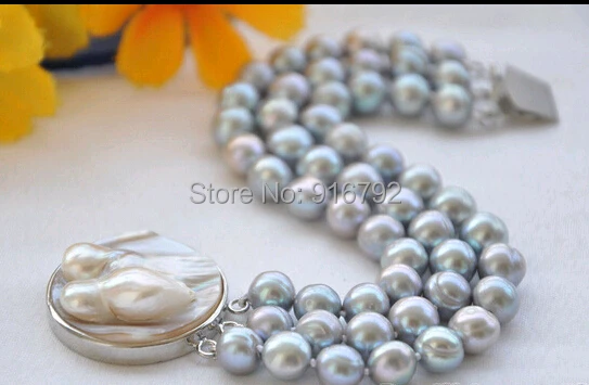 

free P&P >>>>> 3row 8" 10mm gray round freshwater pearl bracelet