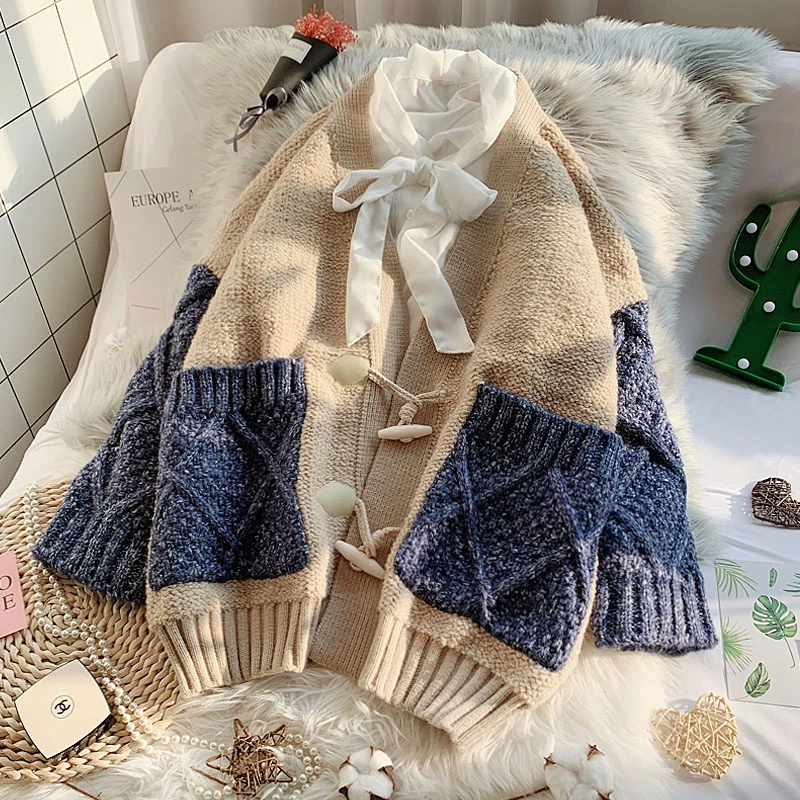 Осенний свободный шерстяной кардиган, однотонный длинный рукав, v-образный вырез, плотный теплый вязаный короткий кардиган с длинными бортами, удобная женская одежда C11