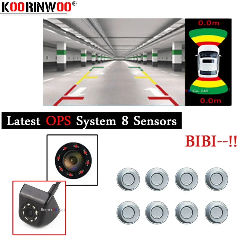 

Koorinwoo New Parktronics OPS System OBD Car Parking Sensors 8 Alarm Front Fort Car Rear view Camera Car Indicator Black White