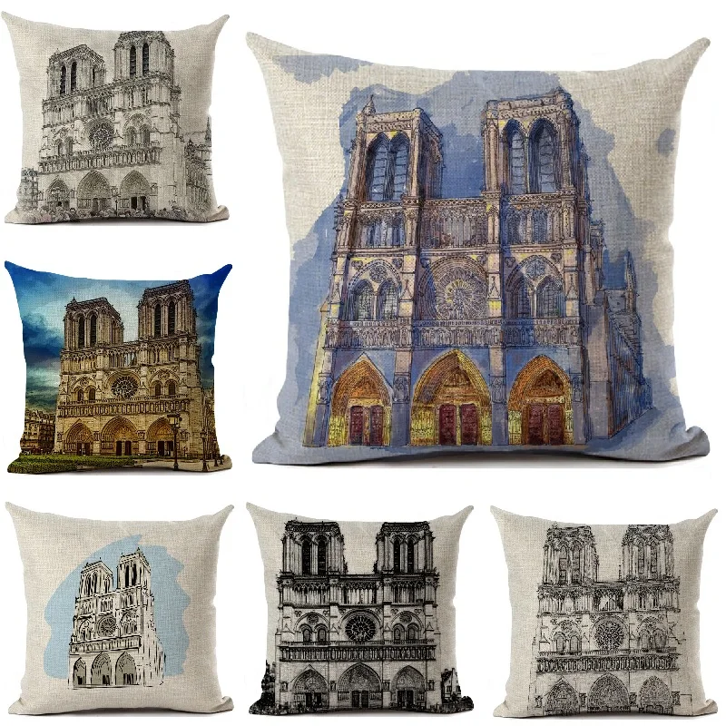 

Notre Dame de Paris Cushion Cover Vintage Building Painting Linen Throw Pillow Car Sofa Pillow Cover Home Decorative Pillow Case