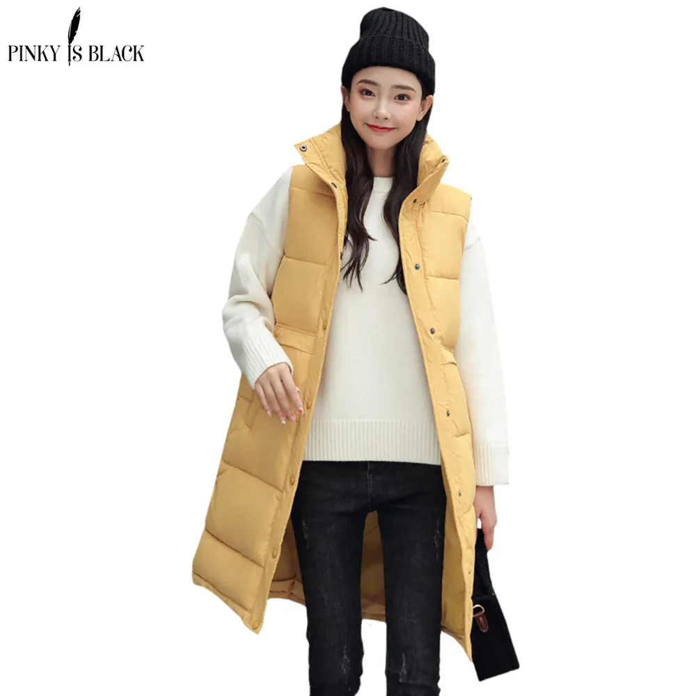Meilleur PinkyIsBlack Long gilet hiver manteau femmes sans manches en coton veste Slim femmes poches gilet Femme coréen gilet Colete