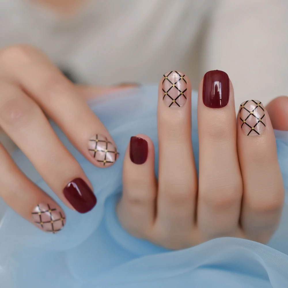 Короткие накладные ногти среднего размера, блестящие, вишневые, красные, розовые, Искусственные женские ногти, декоративные кончики, квадратные для ежедневного использования - Цвет: L5079