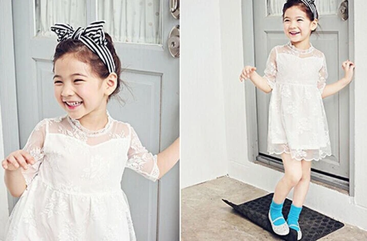 Летнее кружевное платье для девочек праздничное платье принцессы корейские бренды газовая вышитая черно-белая детская одежда