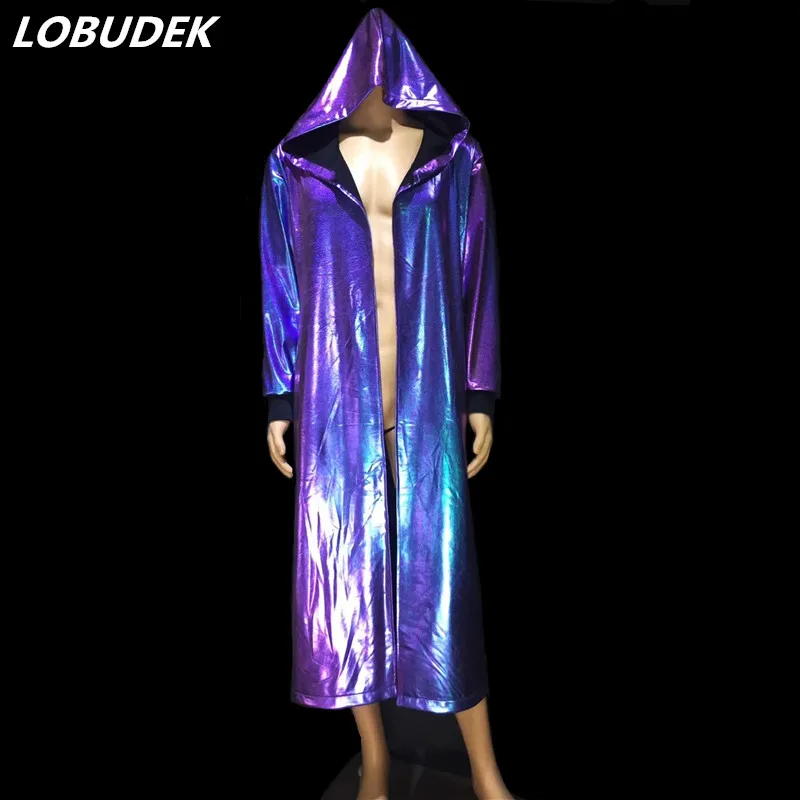 Мужской Фиолетовый Синий кожаный Длинный плащ 3 цвета из искусственной кожи ветровка пальто в стиле панк мужской диджей певец хип-хоп сценический костюм