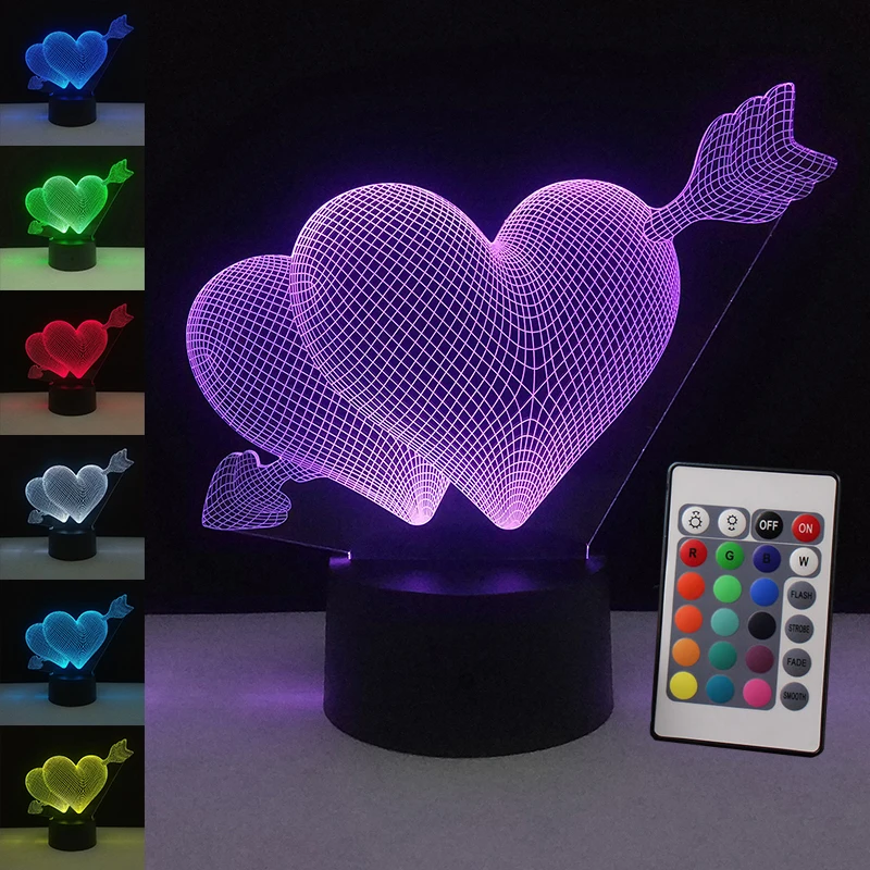 3D illusion Lamp Love LED Night Lights Acrylic 7 Colorful Table Lamp Lighting Remote Control Valentine's Day Wedding Gift Decor