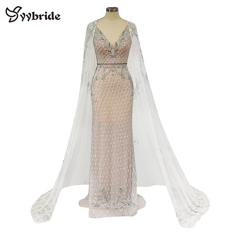 

New Arrived Beading Crystal Dresses V-Neck Vintage Sleeveless Prom Dresses Luxury With Long Cape Back Cloak Evening Dresses