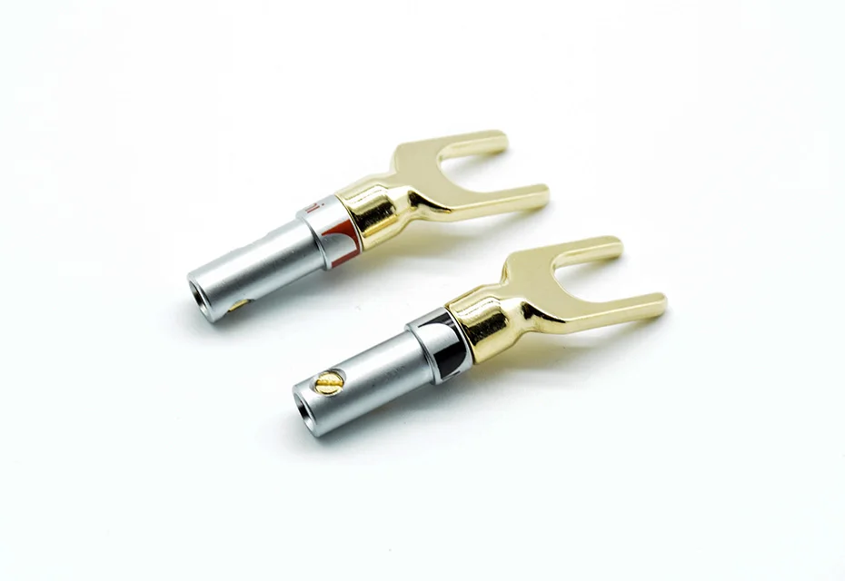 2pcs red+black Nakamichi Brass Gold plated and Silver Plated Y Spade Speaker Plugs Audio Screw Fork Connector Adapter