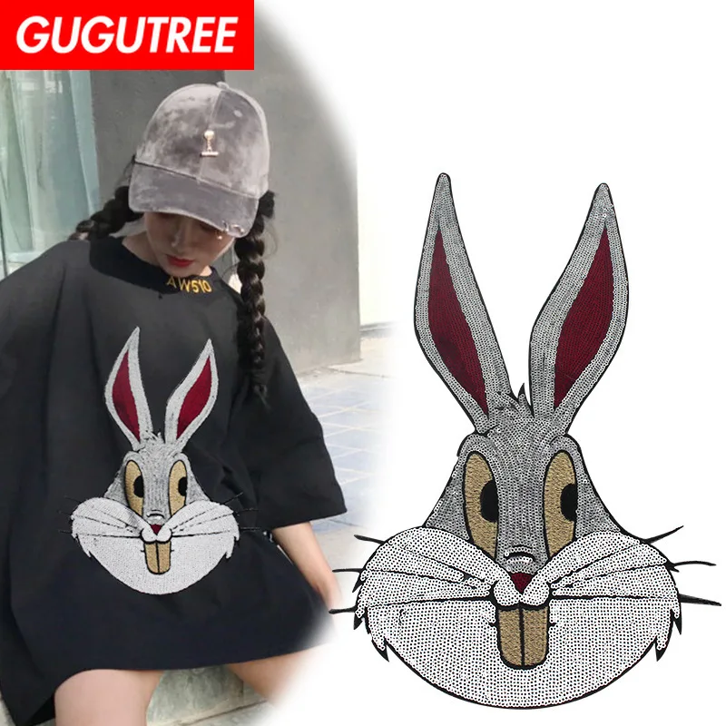 

GUGUTREE embroidery Sequins big rabbit patches animal cartoon patches badges applique patches for clothing XC-253
