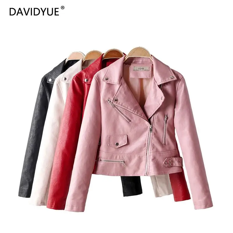 Осень, розовая Байкерская Женская куртка на молнии, черная кожаная куртка с отложным воротником, повседневная красная куртка из искусственной кожи, корейская модная одежда modis