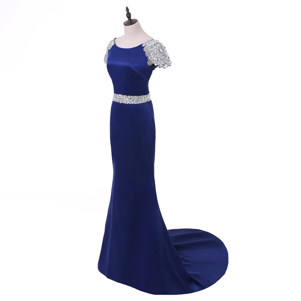 Royal Blue Mermaid Cap Sleeves Crystals Backless Long Evening Dress