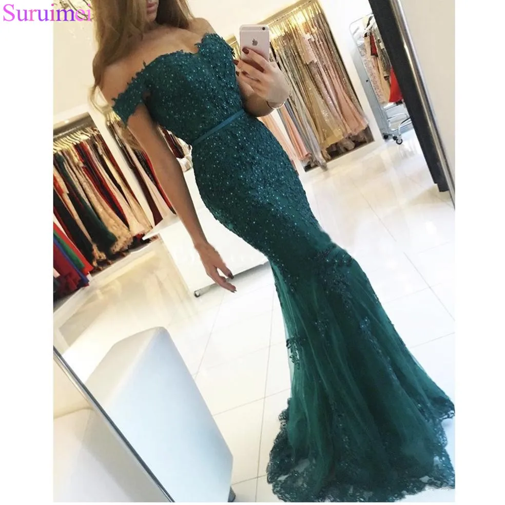

Formal Evening Gowns 2018 Lace Appliques Beaded Mermaid Red Long Prom Dresses Tulle Emerald Green Evening Dresses