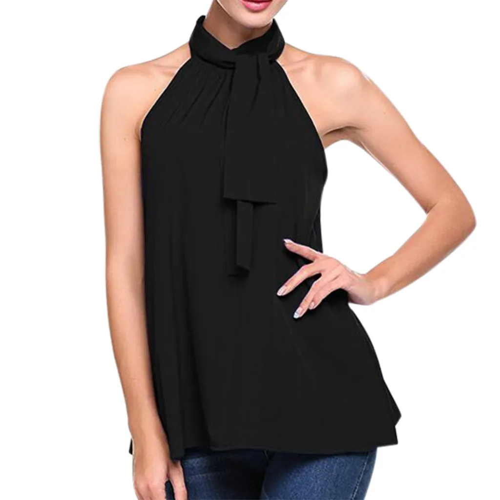 BK Womail сплошной цвет Повседневный пляжный без рукавов Висячие шеи Bowloose Hem полиэстер материал Модные топы на бретелях для женщин 19MAR29 - Цвет: BK