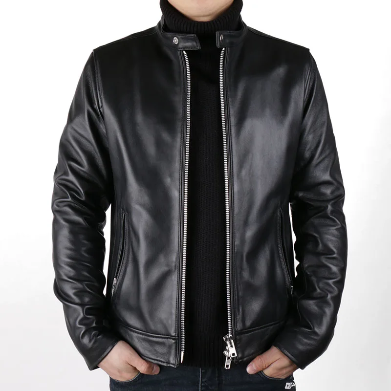Too simple!Basic collar!A Japanese Pakistan import water dyed sheep skin leather men's brief paragraph Motorcycle Jacket |