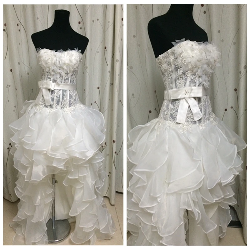 

Real Pictures New Design A-Line Ruffles High Low Wedding Dress Lace Appliques Beaded Hi-Lo Summer Bridal Gowns 2019 Sexy Custom