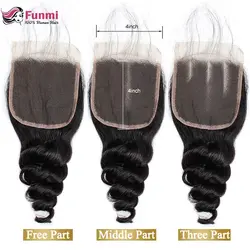 Фунми волос Малайзии натуральная волосы закрытие свободная волна кружева 4*4 три части закрытия шнурка 100% человеческих волос Закрытие